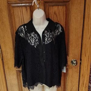 Sexy Black Lace Short Sleeve Time & Tru Button-Up Blouse w/Camisole NWT XL